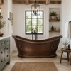 Modern farmhouse bathroom with 72-inch hand-hammered copper bathtub, coffee patina, white walls, and wood accents
