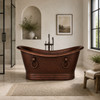 Transitional bathroom with 72-inch hand-hammered copper bathtub, coffee patina, rolled rim, and neutral stone