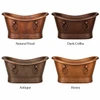 Four 72 inch hand hammered copper bathtubs side-by-side with four copper patina finish options