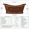 Tenchical drawing of 72 inch hand hammered copper bathtub with rolled showing proportions