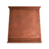 Sloping copper range hood with stepped crown front view on white background with stepped crown molding