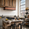 Industrial rustic kitchen with hammered copper range hood, concrete counters and loft window