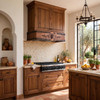 Riveted copper under-cabinet hood in a Spanish Hacienda kitchen with wood cabinets and tile