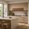 Japandi kitchen with hammered copper box hood, pale oak cabinetry and honed limestone surfaces