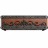 Hammered copper box under-cabinet range hood with riveted zinc bands and round forged iron scroll on white background