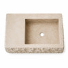 Handcrafted cantera stone sink top view on white background with square basin, wide left deck and centered drain