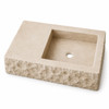 Handcrafted cantera stone sink angled product view on white background with rough exterior and square basin