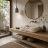 Handcrafted cantera stone bathroom sink in bright Wabi-Sabi Japanese minimalist bathroom with natural wood vanity