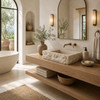 Handcrafted cantera stone bathroom sink in bright Mediterranean Contemporary bathroom with plaster walls and floating wood vanity