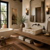 Handcrafted cantera stone bathroom sink in bright Rustic Contemporary Modern Hacienda bathroom with reclaimed wood vanity