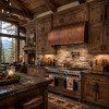 Under-cabinet copper range hood in a mountain lodge kitchen with alder cabinetry, stone and reclaimed beams