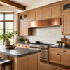 Hand-polished box-shaped under-cabinet copper range hood in a Contemporary Craftsman kitchen with white oak cabinetry