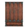 Hammered copper range hood front view with four vertical straps, riveted bands, deep apron, and turquoise oxidation
