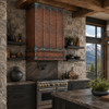 Hammered copper range hood in a Mountain modern kitchen with stone walls, exposed beams, charcoal cabinets, and granite