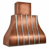 Angled view of copper bell range hood with polished zinc straps and plain side panels on white