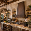 Boutique restaurant display kitchen with tall antique copper range hood, open kitchen, Talavera tile and Mediterranean design