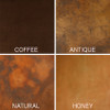 Copper patina samples demonstrating antique, coffee, honey and natural finish options