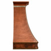 Profile view of polished copper range hood with curved bell body, zinc band, small crown and rounded apron