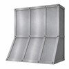 Natural zinc range hood with smooth panels, riveted straps and angled view on a white background