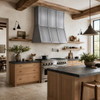 Natural zinc range hood in a contemporary rustic kitchen with oak, plaster and reclaimed beams