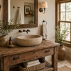 Rustic farmhouse bathroom with oval cantera vessel sink, reclaimed wood vanity, iron fixtures, linen accents and bright window