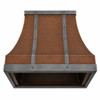 Underside view hammered copper range hood showing insert opening for a ventilation insert