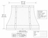Front elevation technical line drawing of a hammered copper range hood with steel straps, curved profile, width and height dimensions