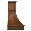 Profile view of hammered copper bell range hood with curved ribs, stepped crown molding and deep architectural apron