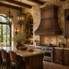 Hammered copper range hood in a Tuscan kitchen with natural stone, carved wood cabinetry and warm plaster walls