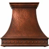 Hand-hammered bell copper range hood with riveted apron, antique patina and architectural crown
