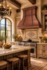 Hammered copper range hood with forged iron straps in Tuscan kitchen with travertine, distressed wood, and warm stone