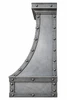 Industrial zinc range hood side profile showing curved bell flare, riveted framing, stepped crown and deep apron