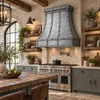 Industrial zinc range hood in European kitchen with aged plaster, limestone, reclaimed oak and muted cabinetry