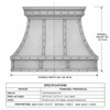Industrial zinc range hood technical drawing showing bell profile, riveted straps, apron, dimensions and proportions