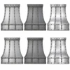 Six industrial zinc range hoods side-by-side showing six zinc finish and texture options