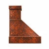 Side profile of a hand-hammered copper range hood showing the sloped canopy and projecting apron