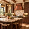 Hammered copper range hood in a rustic kitchen with dark wood cabinets, exposed beams, and stone accents
