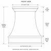 Front elevation drawing of hammered copper bell range hood with layered crown, curved body, rounded apron and proportional dimensions