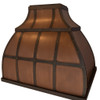 Copper range hood for gas stoves side view on white background, hammered bell shaped canopy with decorative straps, squared apron and handcrafted copper finish
