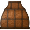 Copper range hood for gas stoves front view on white background, hammered bell shaped canopy with decorative straps, squared apron and handcrafted copper finish