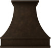 Country style kitchen copper vent hood with dark patina front view, hammered copper canopy with deep rustic finish and classic tapered silhouette