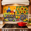 Talavera sunflower fruit tile mural installed as colorful backsplash focal wall in kitchen