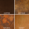 Hammered copper rectangular framed mirror finish swatches showing coffee, antique, natural, and warm honey patinas
