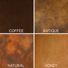 Hammered copper rectangular framed mirror finish swatches showing coffee, antique, natural, and warm honey patinas