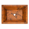 Rectangular hammered copper bar sink shown from above with deep artisan basin and aged copper patina