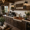 Rectangular hammered copper bar sink in a rustic farmhouse coffee station with reclaimed wood cabinetry