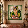 Talavera tile mural with frida kahlo in a Mediterranean hallway with arches and lantern lighting.