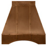 Pyramid copper range hood for gas stove front view, flared canopy with smooth panels and centered chimney above cooking surface
