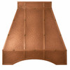 Paneled tapered copper hood with vertical riveted straps, framed crown, and shallow hearth-style apron