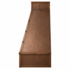 Side profile of a hammered copper range hood with a straight tapered body, riveted trim, and boxed lower apron